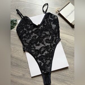 Vintage Colesce Collection Black Lace Filigree Thong Teddy Bodysuit. Size M